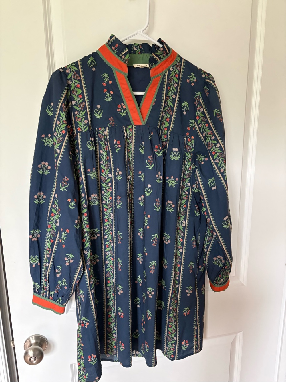 Josie Navy Floral Peasant Dress with Orange Trim size medium